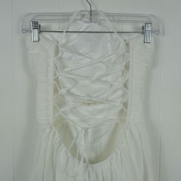 Lulus Womens Effortless Sweetness White Ruched Lace-Up Tiered Midi Dress Large - Picture 10 of 13